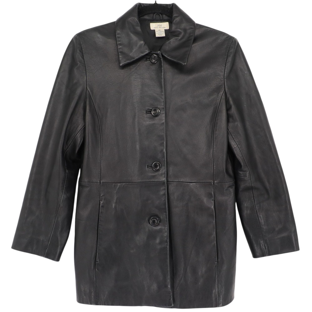 Brooks Brothers 346 Womens Black Leather Car Coat Jacket Size XS Solid Button Up